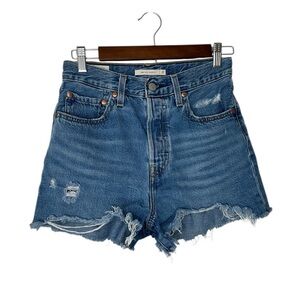 Levis Premium Ribcage Shorts Womens 27 Blue Denim HighRise Button Fly Frayed Hem
